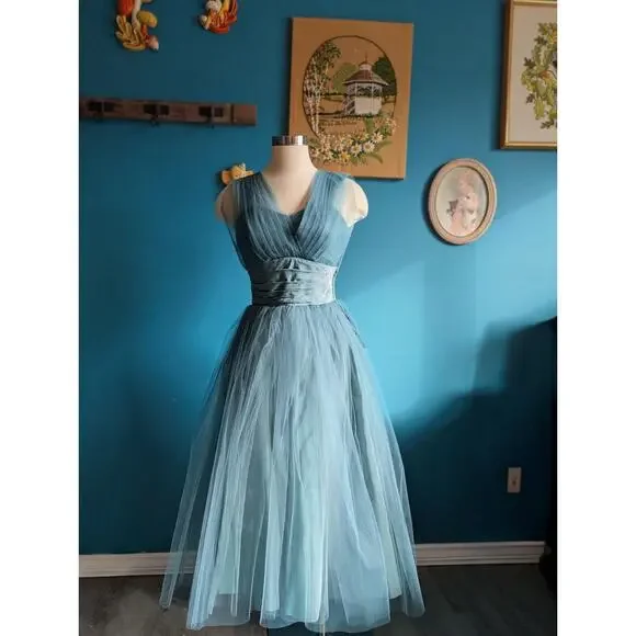 Vintage Dresses | Vintage 50s Blue Tulle Party Dress Strapless Illusion Bodice Retro Prom Gown | Color: Blue/Gray | Size: Xs | Amandasmith109'S Closet